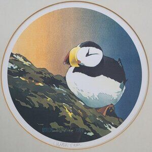 1984 Byron Birdsall Print of Puffin Seabird - Alaska Artist 14.5" x 14.5"